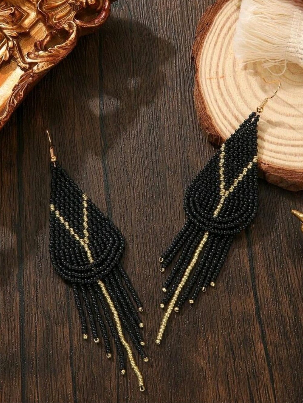 Black and Gold Beaded Earrings